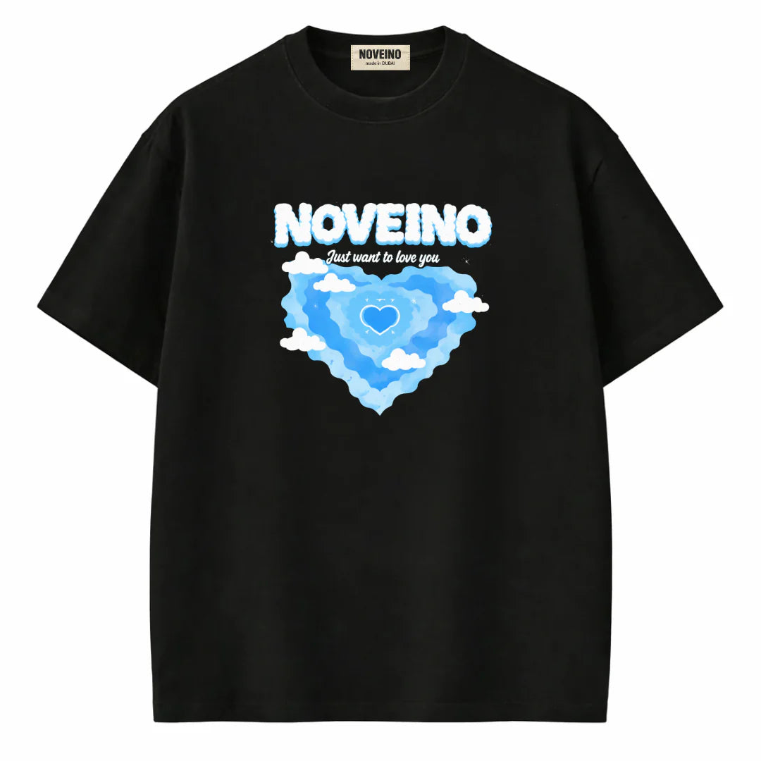 Black Its24heartz NOV 259 T-shirt with crew neckline and short sleeves, displayed on a hanger.