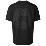Black 24HEARTZ T-shirt featuring a minimalist design on a flat surface with soft fabric texture.