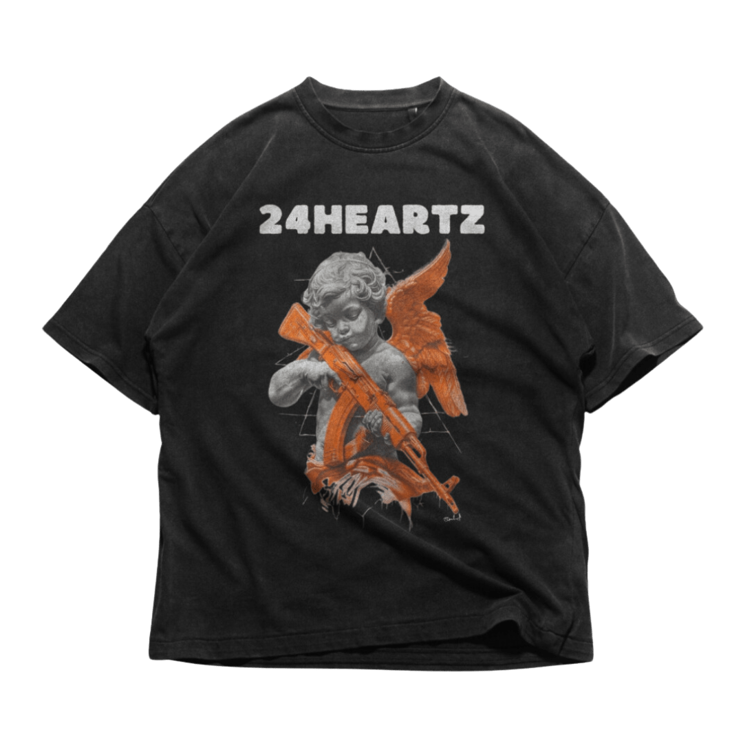 24Heartz angel AK47 t-shirt featuring a graphic design with an angel and AK47 on a classic black tee.