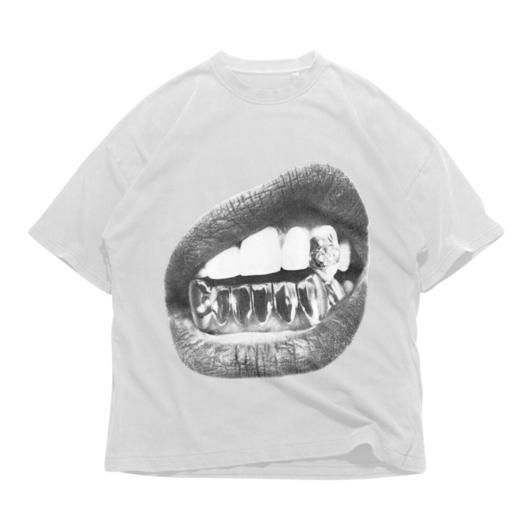 24Heartz diamond teeth t-shirt featuring a unique graphic design on a casual fit tee.