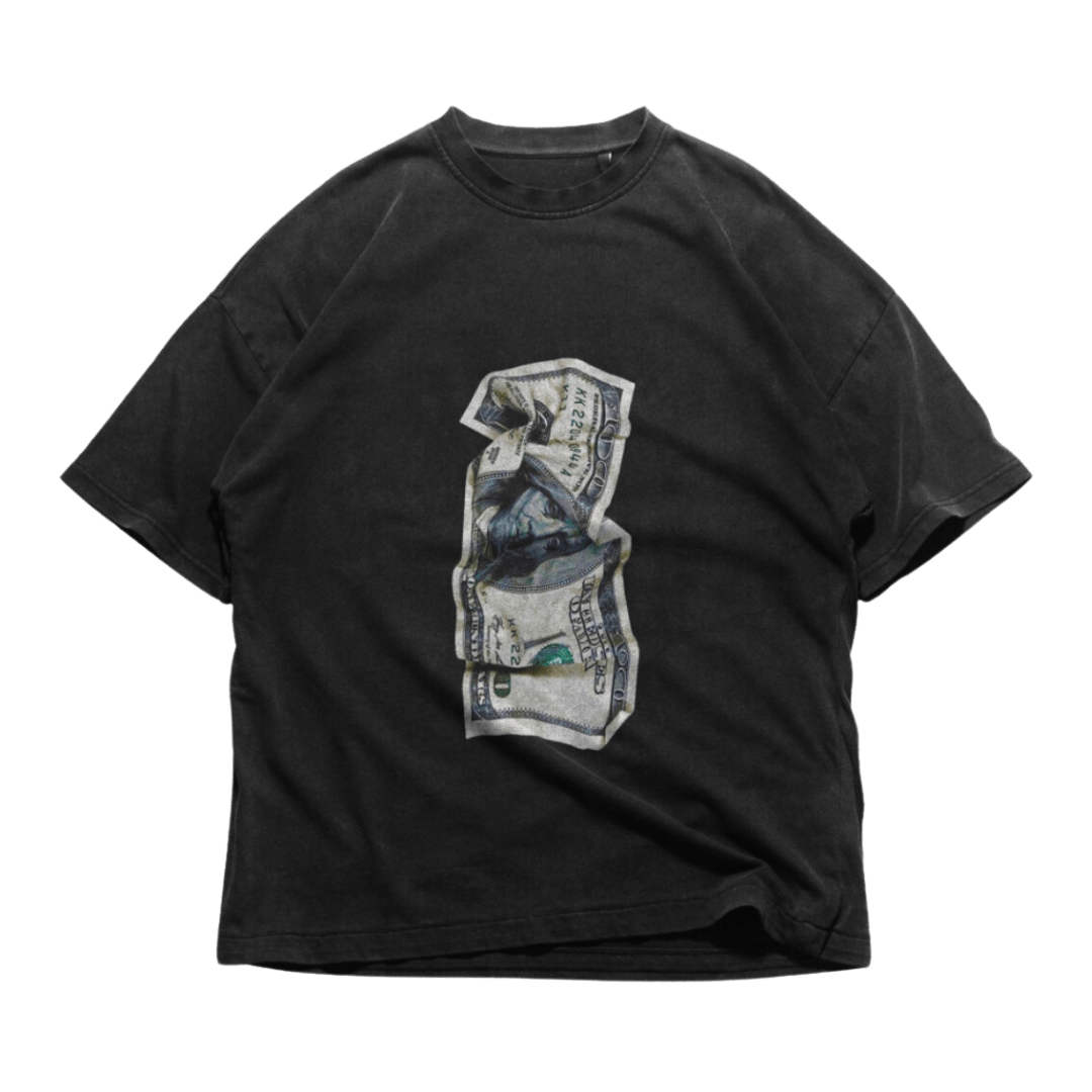 24Heartz dollar graphic T-shirt on a flat lay, showcasing vibrant colors and unique design details.