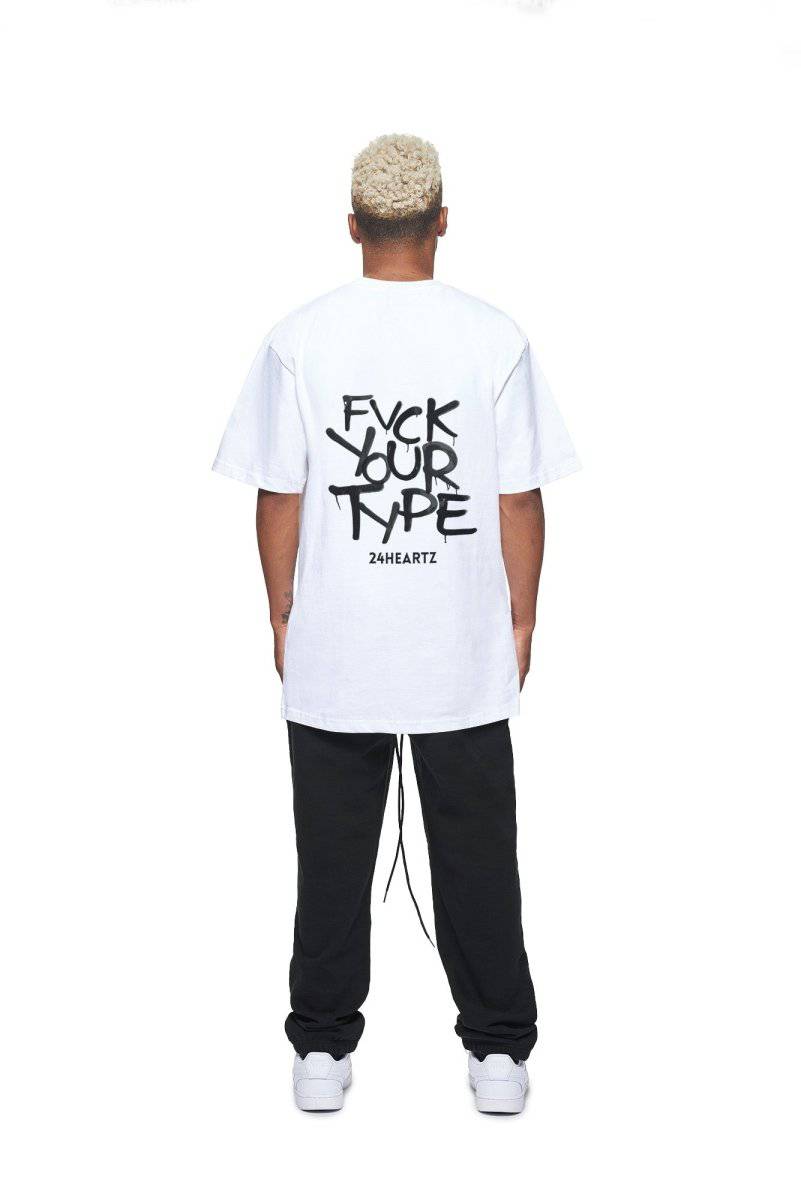 24Heartz FCK Your Type T-Shirt displayed on a hanger, showcasing a casual design in a vibrant color.