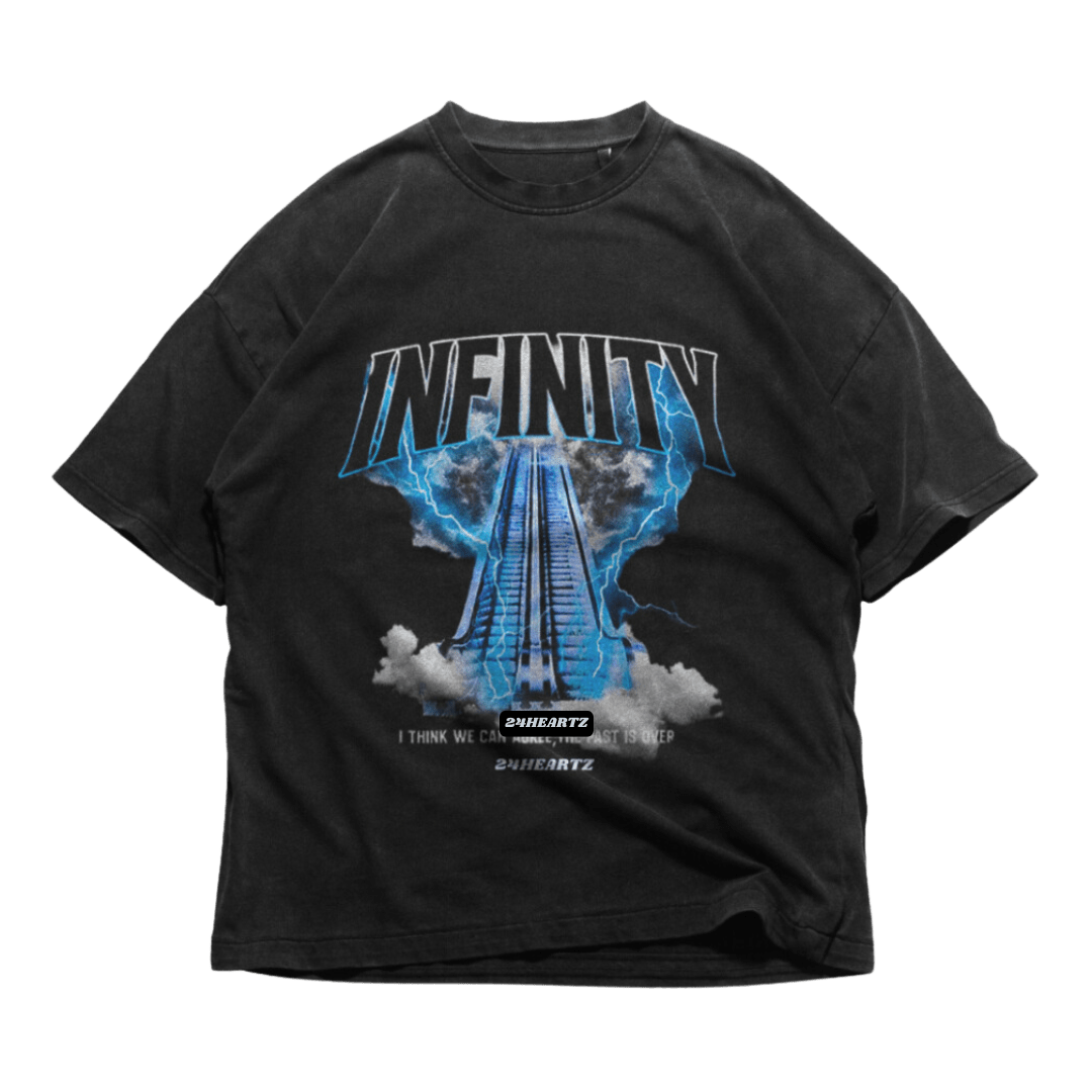 Black 24Heartz infinity T-shirt featuring a stylish graphic design on a soft, comfortable fabric.