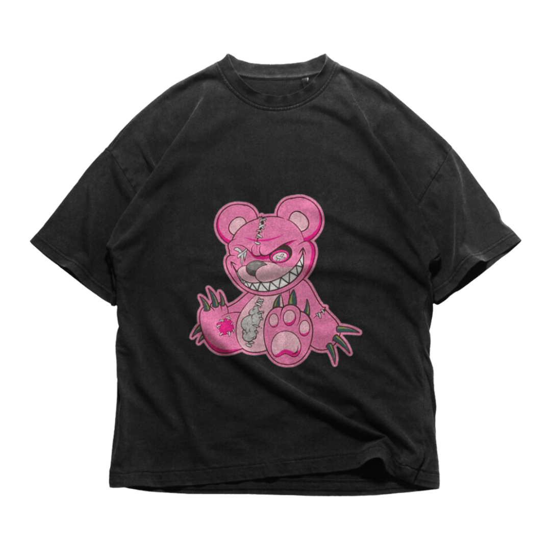 24Heartz killer teddy bear t-shirt featuring a playful graphic design on a soft fabric background.