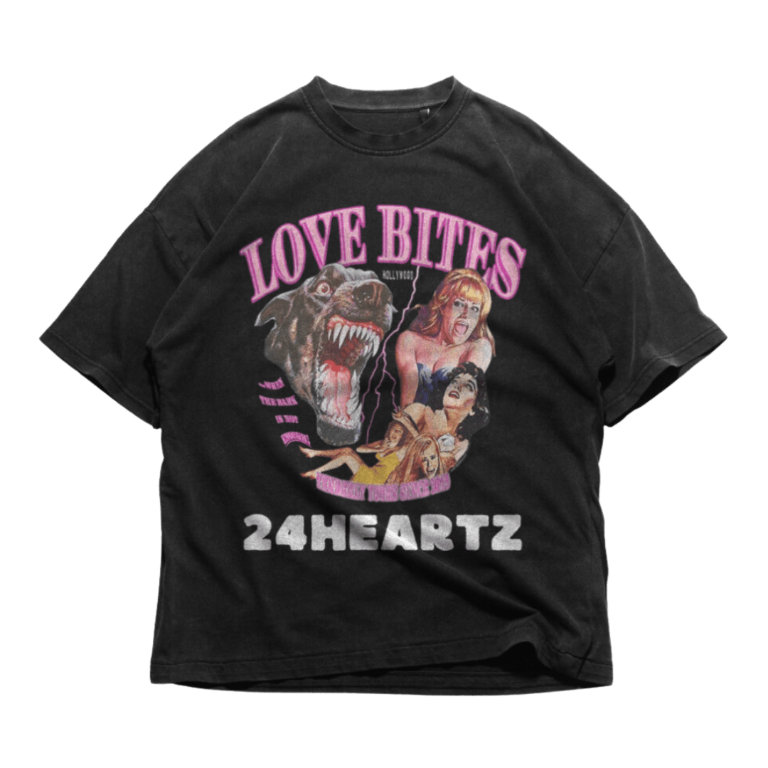 24Heartz Loves Bites t-shirt featuring a playful graphic design on a casual fit.
