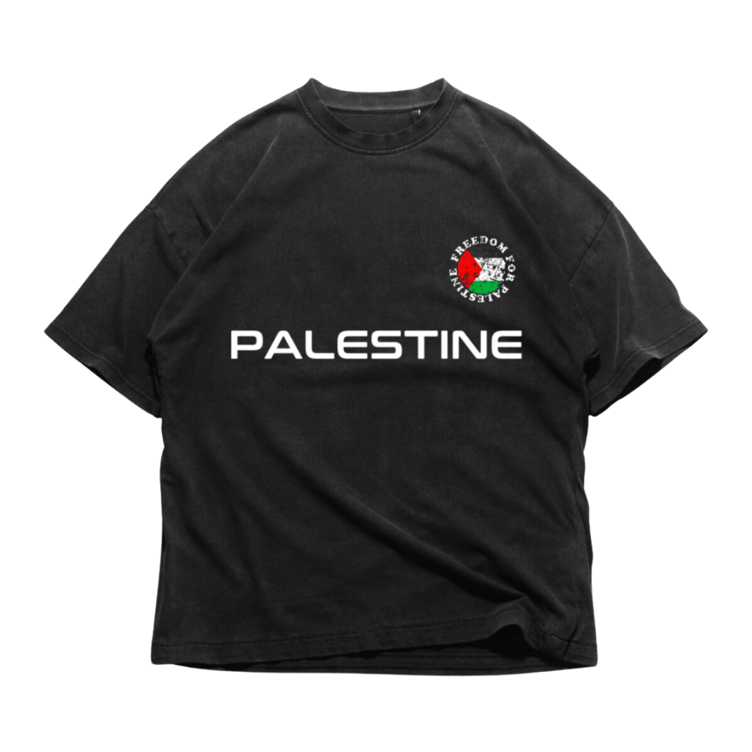 24Heartz Palestine T-Shirt featuring a graphic design on a classic fit, displayed on a flat surface.