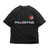 24Heartz Palestine T-Shirt featuring a graphic design on a classic fit, displayed on a flat surface.