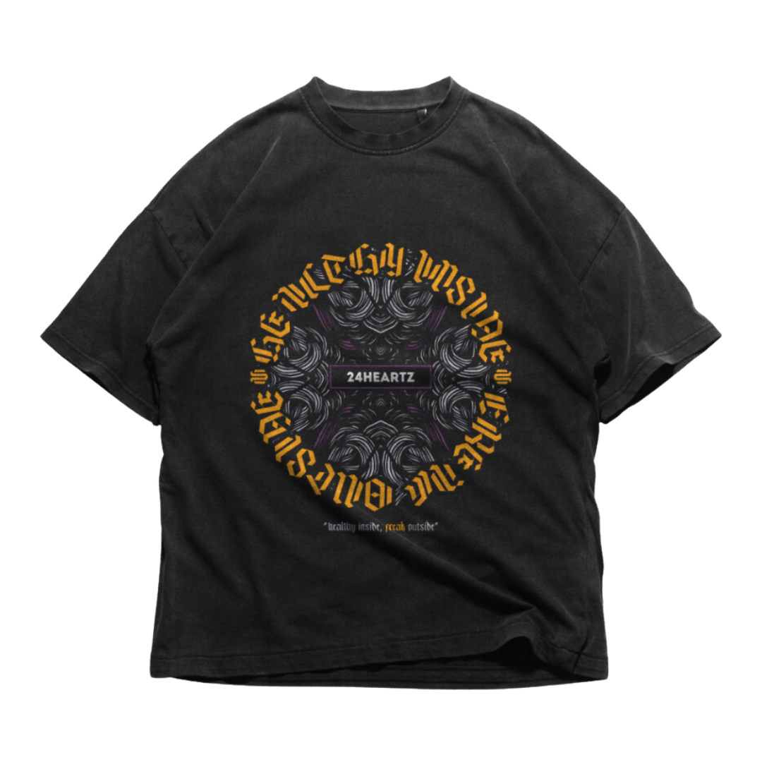 Black 24Heartz Phinx T-Shirt featuring a unique graphic design on a soft fabric background.