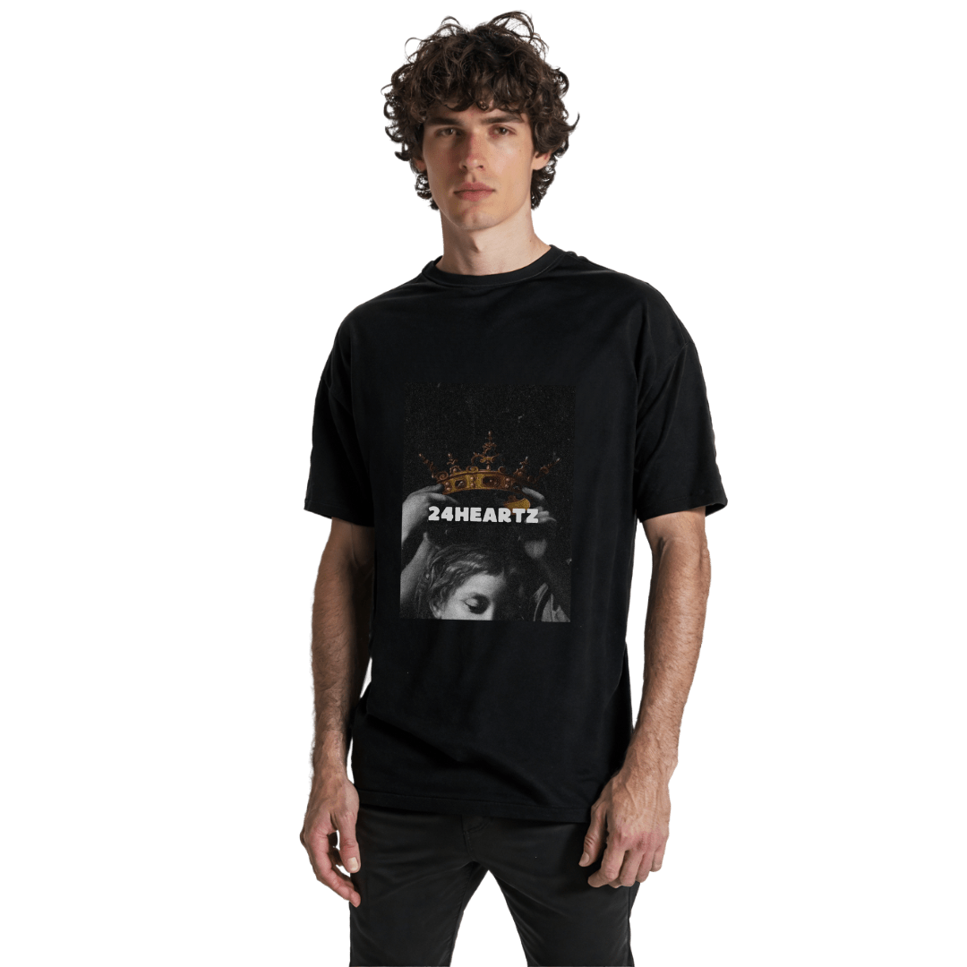 24Heartz queen t-shirt featuring a bold graphic design on a classic fit, perfect for casual wear.