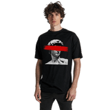 Black 24Heartz T-shirt featuring a statue man graphic design on the front. Perfect for casual wear.