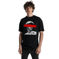 Black 24Heartz T-shirt featuring a statue man graphic design on the front. Perfect for casual wear.