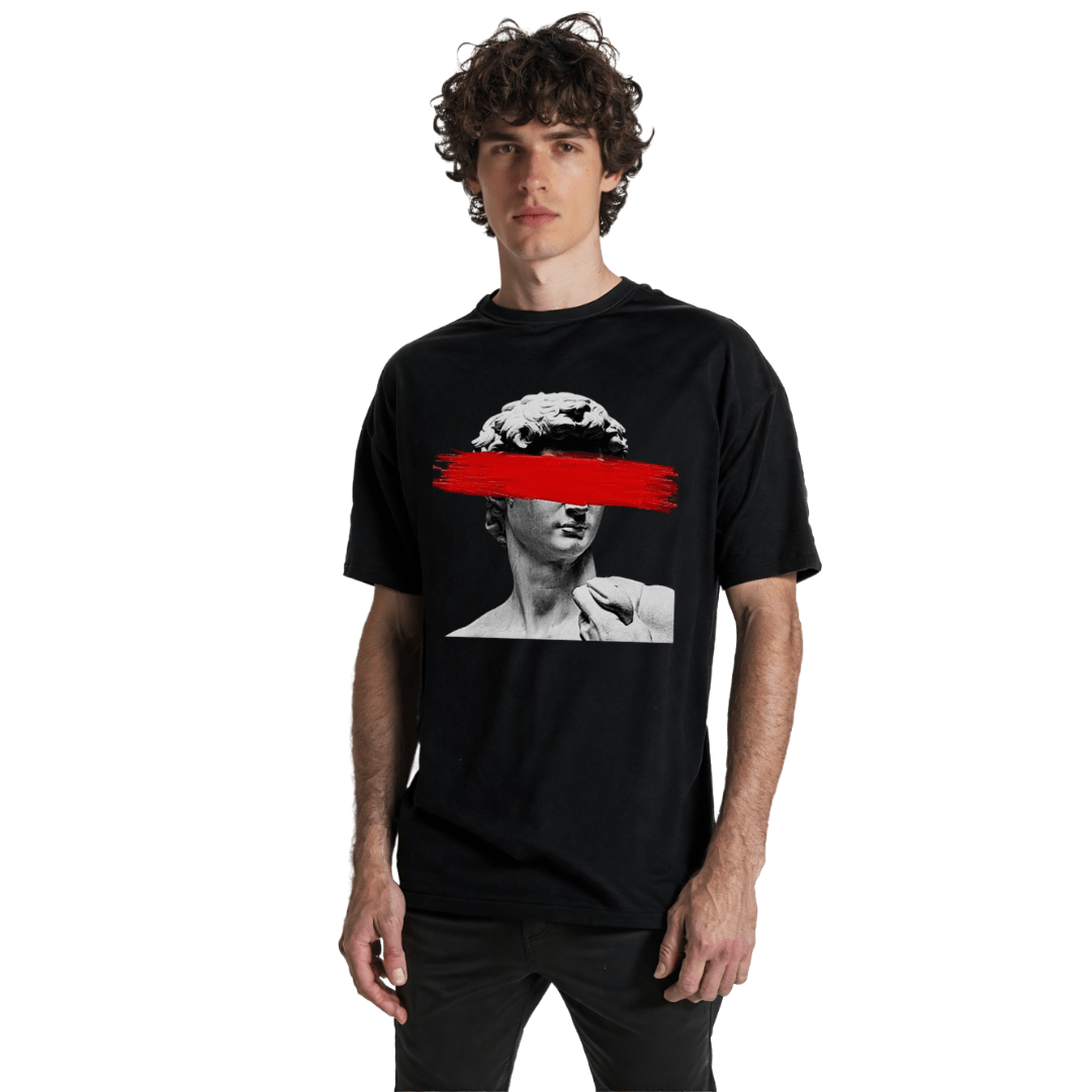 Black 24Heartz T-shirt featuring a statue man graphic design on the front. Perfect for casual wear.
