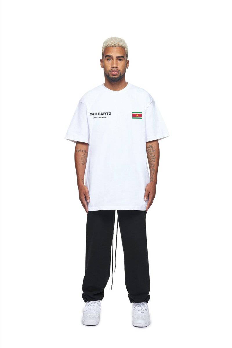 24Heartz T-Shirt featuring Suriname badge design, showcasing vibrant colors and soft fabric texture.