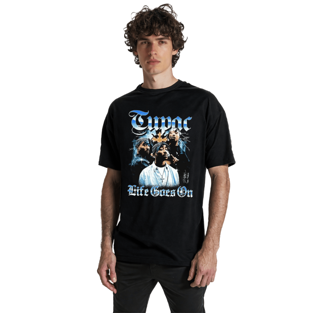 Black 24Heartz T-Shirt featuring Tupac Live Goes On graphic design on the front, showcasing vibrant colors and bold text.