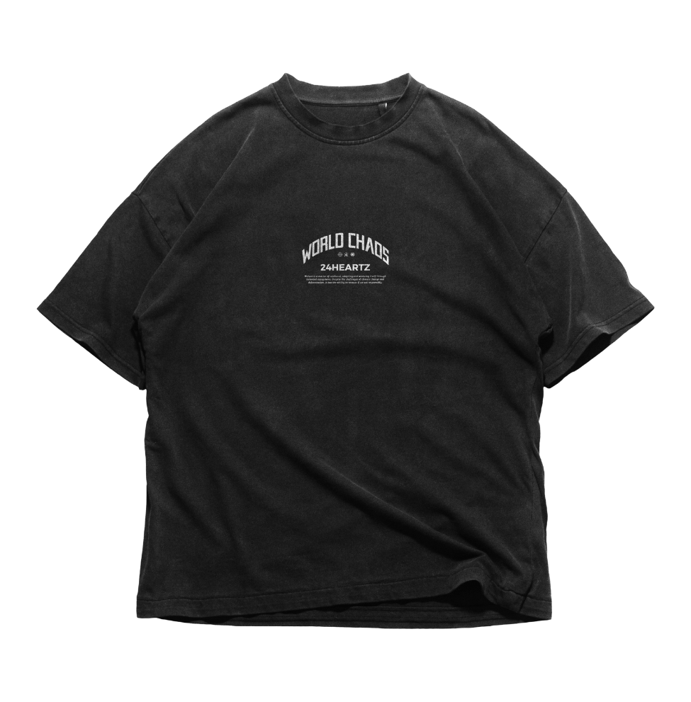 24Heartz World Chaos T-Shirt featuring a bold graphic design on a comfortable fabric. Perfect for casual wear.