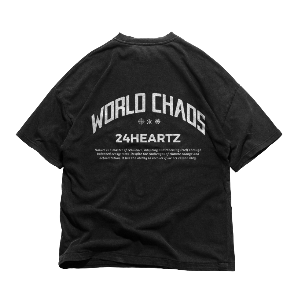 24Heartz World Chaos T-Shirt featuring a bold graphic design on a comfortable fabric, perfect for casual wear.