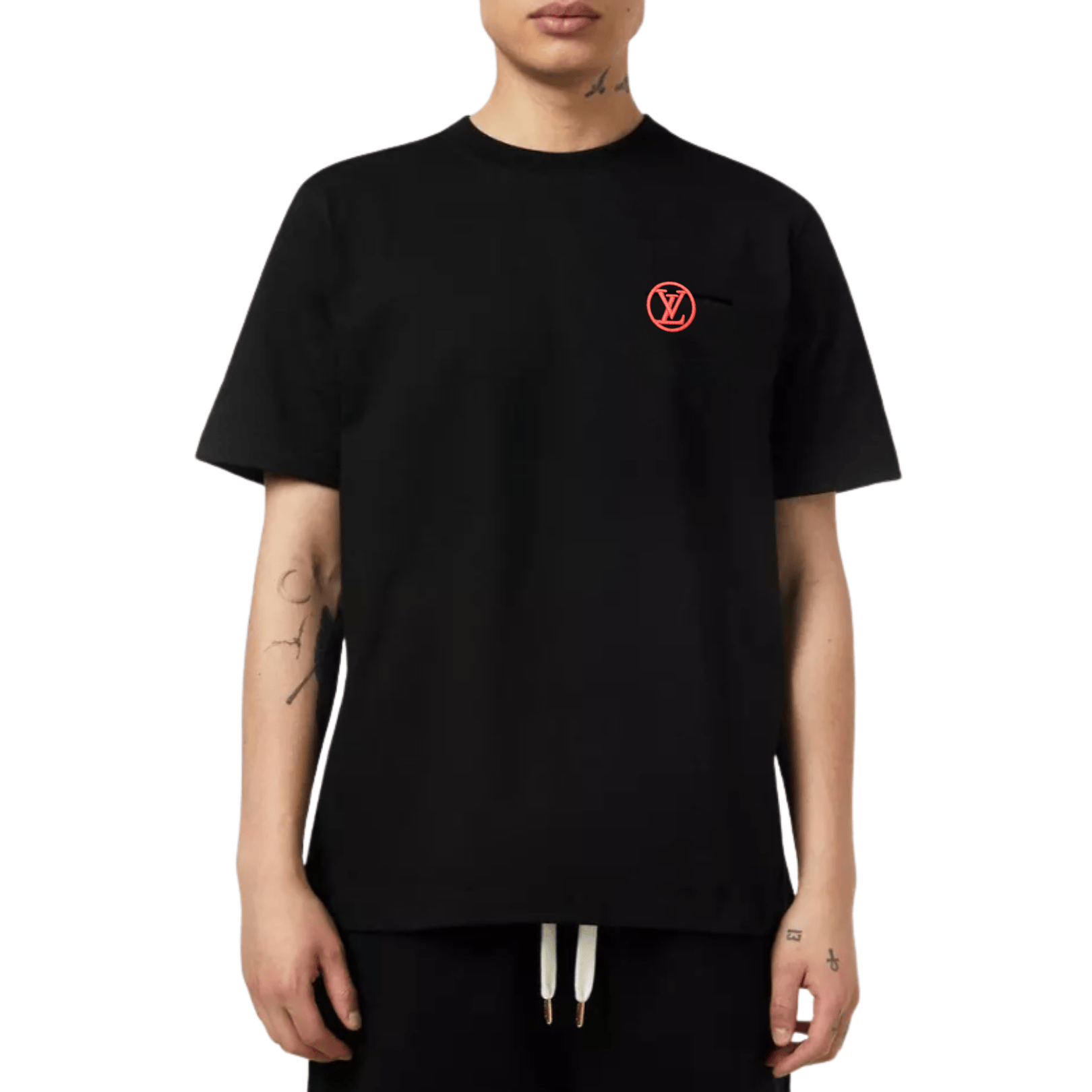B.T-Shirts LV 153 in black with a modern design from Its24heartz, displayed flat on a surface.